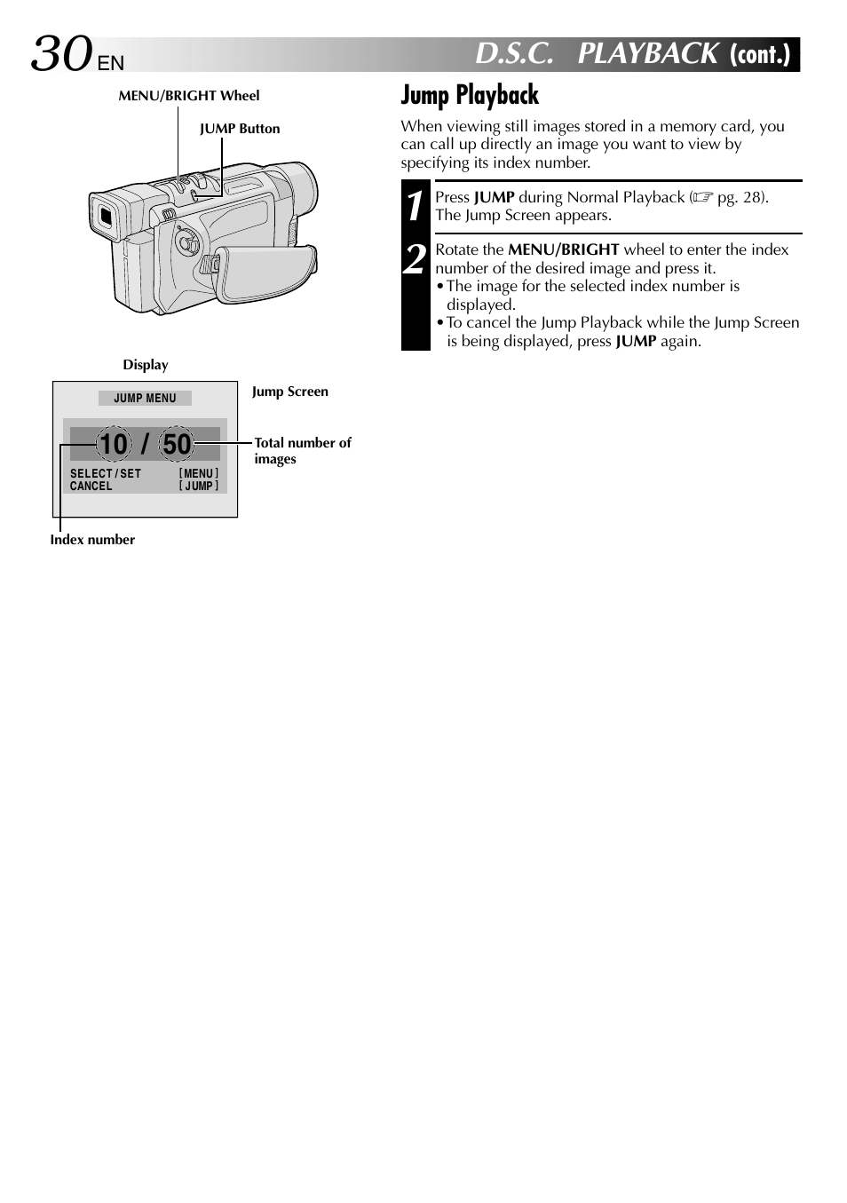 D.s.c. playback, Cont.), Jump playback | JVC GR-DVL610SH User Manual | Page 30 / 92