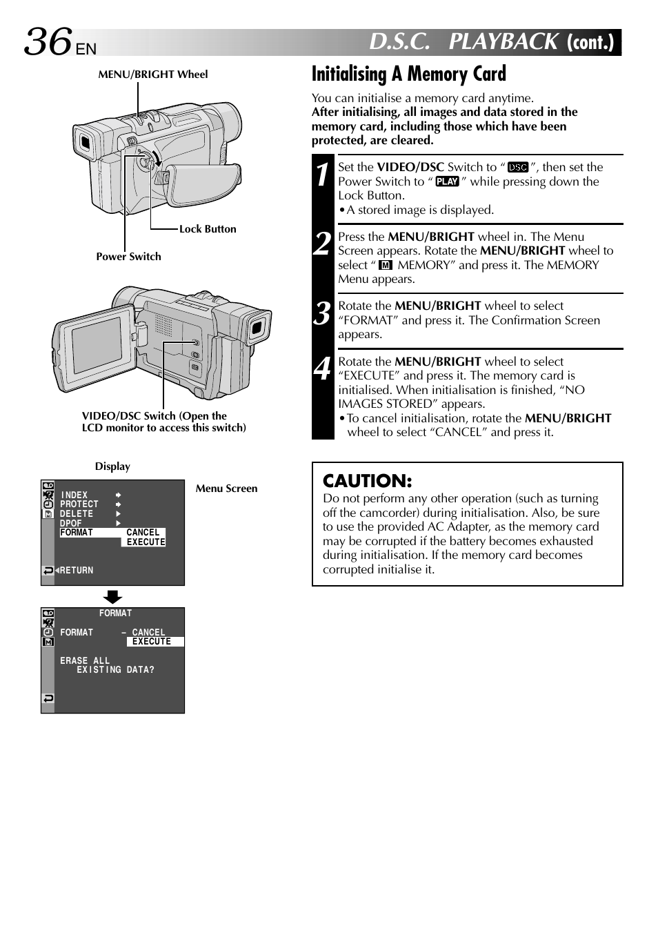 D.s.c. playback, Cont.), Caution | JVC GR-DVL610SH User Manual | Page 36 / 92