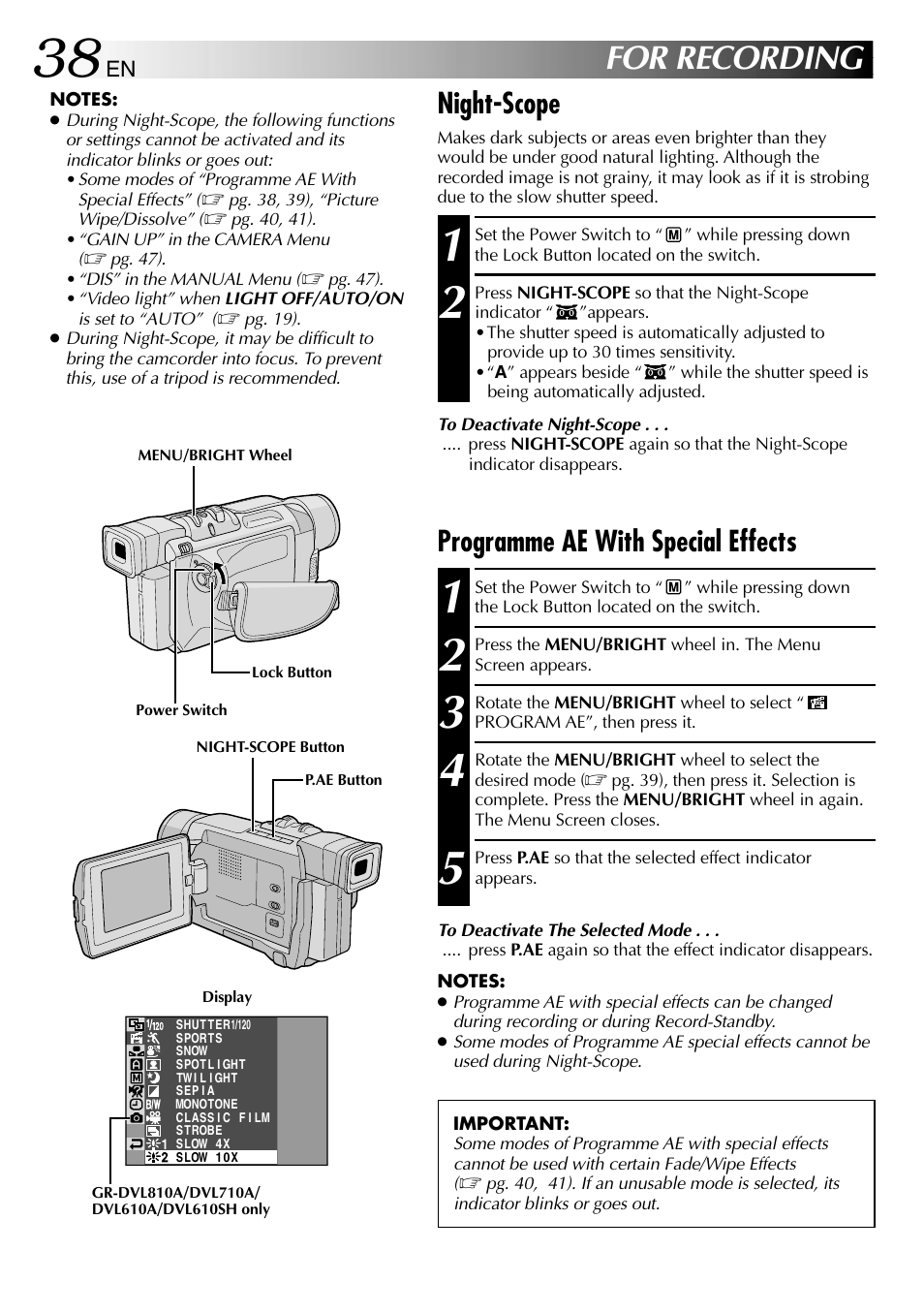 For recording, Programme ae with special effects, Night-scope | JVC GR-DVL610SH User Manual | Page 38 / 92