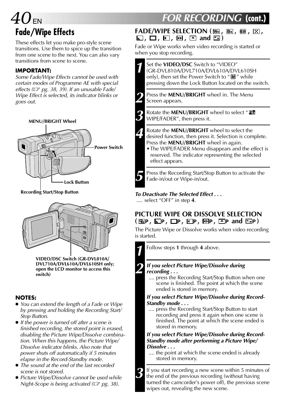 For recording, Cont.) fade/wipe effects | JVC GR-DVL610SH User Manual | Page 40 / 92