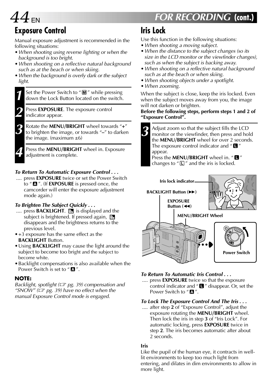 For recording, Exposure control, Iris lock | Cont.) | JVC GR-DVL610SH User Manual | Page 44 / 92