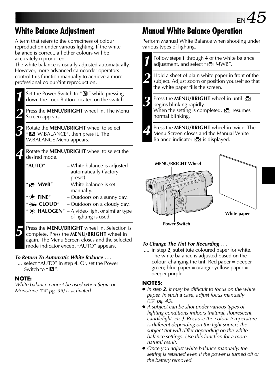 White balance adjustment, Manual white balance operation | JVC GR-DVL610SH User Manual | Page 45 / 92