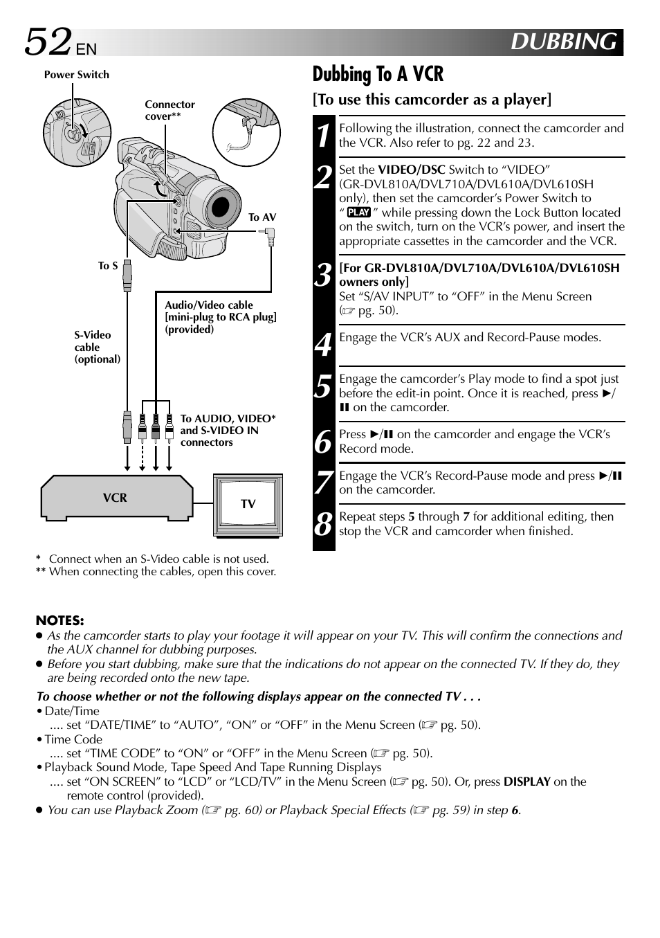 Dubbing, Dubbing to a vcr | JVC GR-DVL610SH User Manual | Page 52 / 92