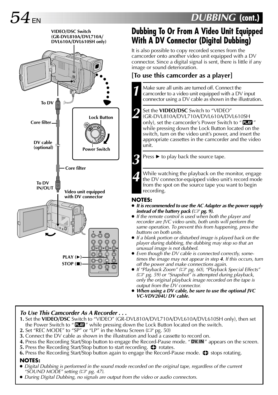 Dubbing, Cont.) | JVC GR-DVL610SH User Manual | Page 54 / 92