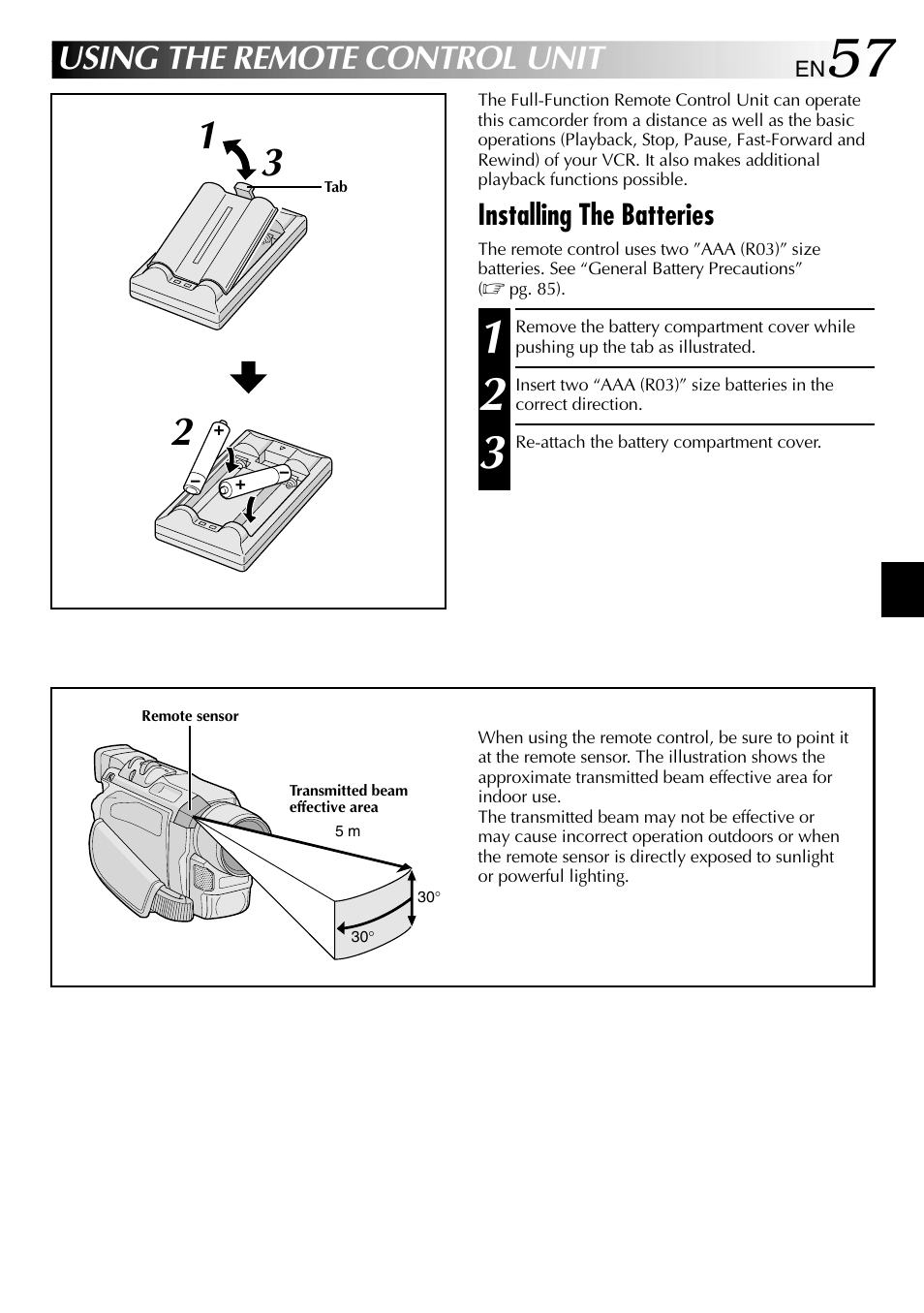 Using the remote control unit, Installing the batteries | JVC GR-DVL610SH User Manual | Page 57 / 92