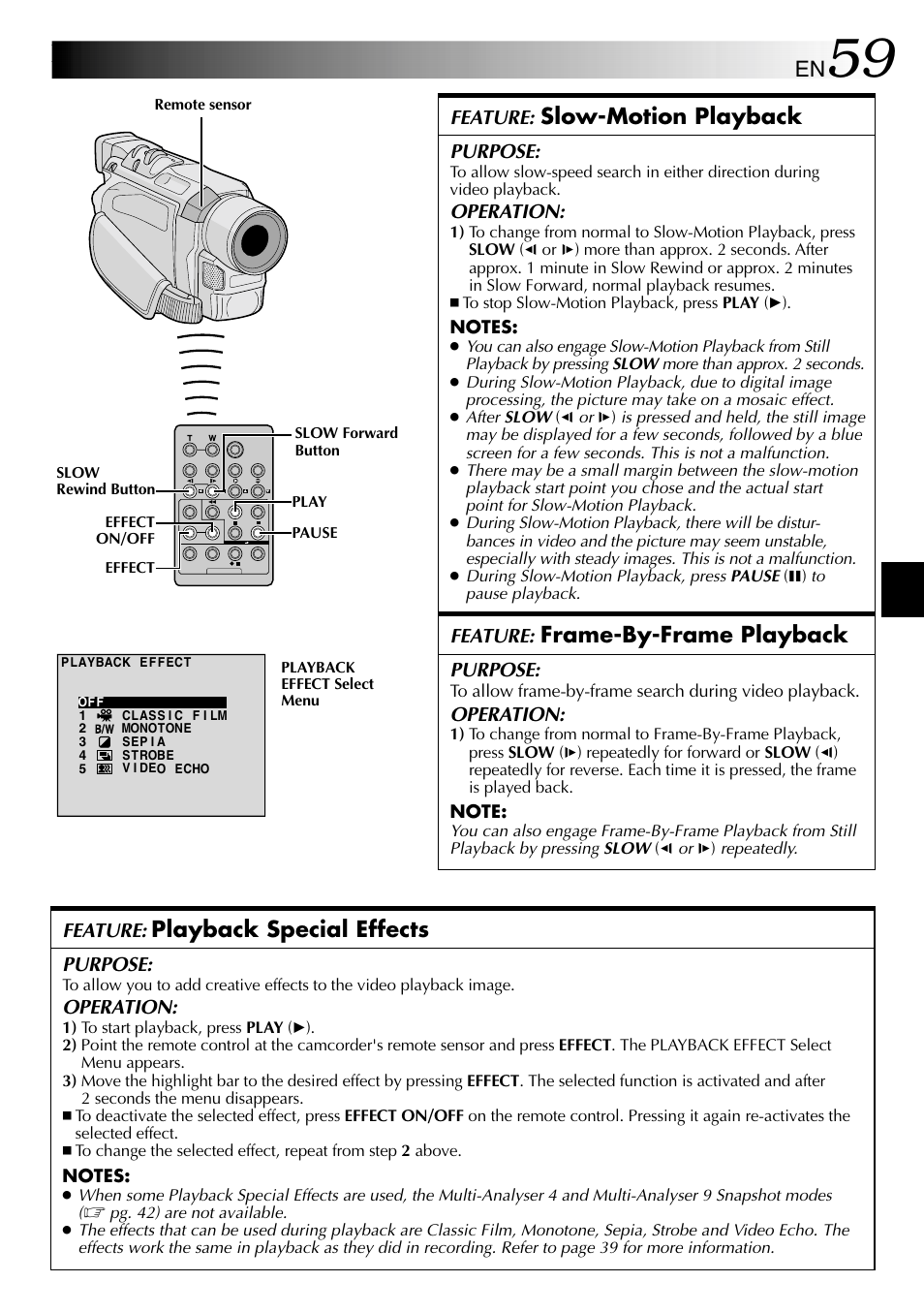 Slow-motion playback, Frame-by-frame playback, Playback special effects | Feature, Purpose, Operation | JVC GR-DVL610SH User Manual | Page 59 / 92