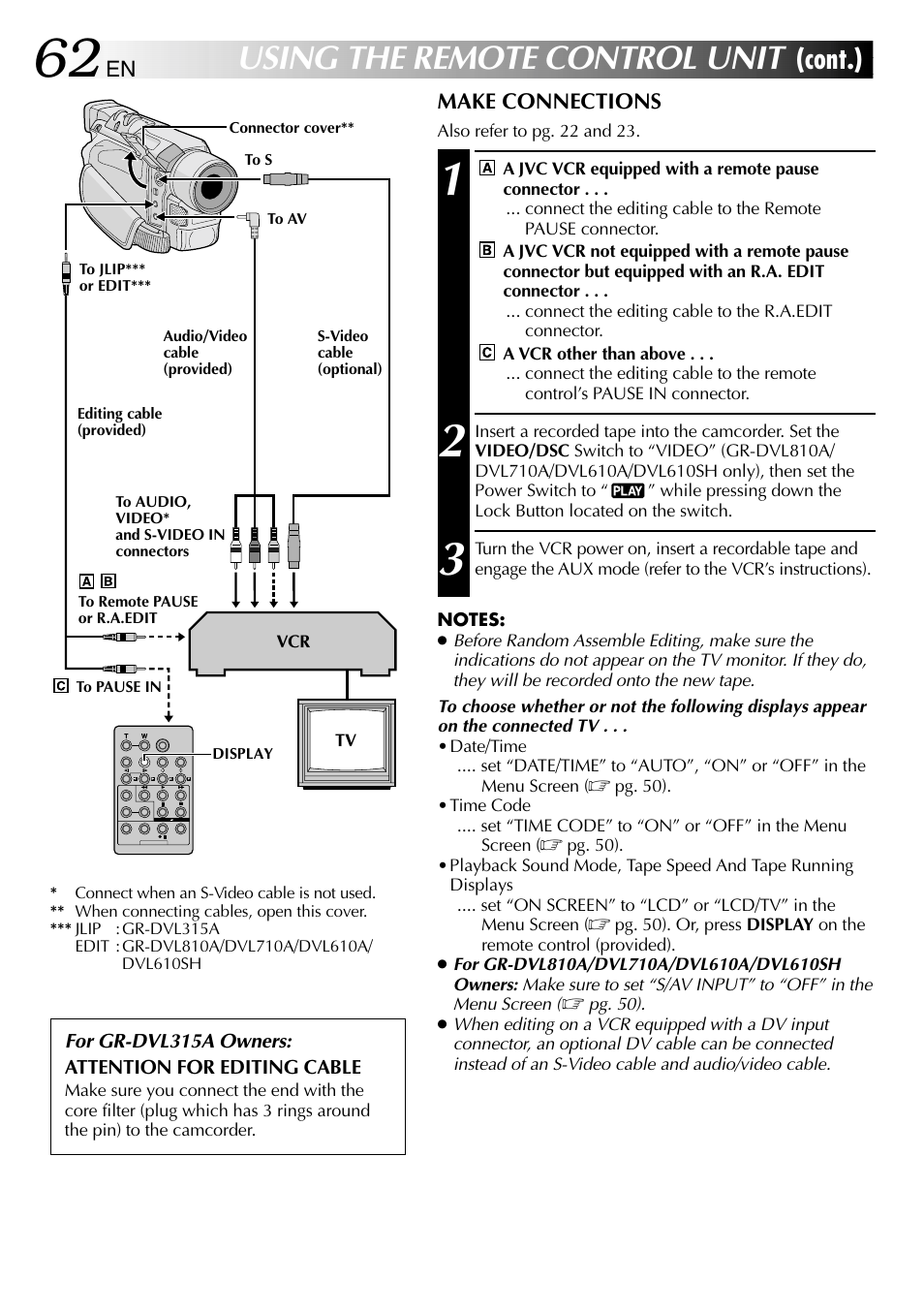 Using the remote control unit, Cont.) | JVC GR-DVL610SH User Manual | Page 62 / 92