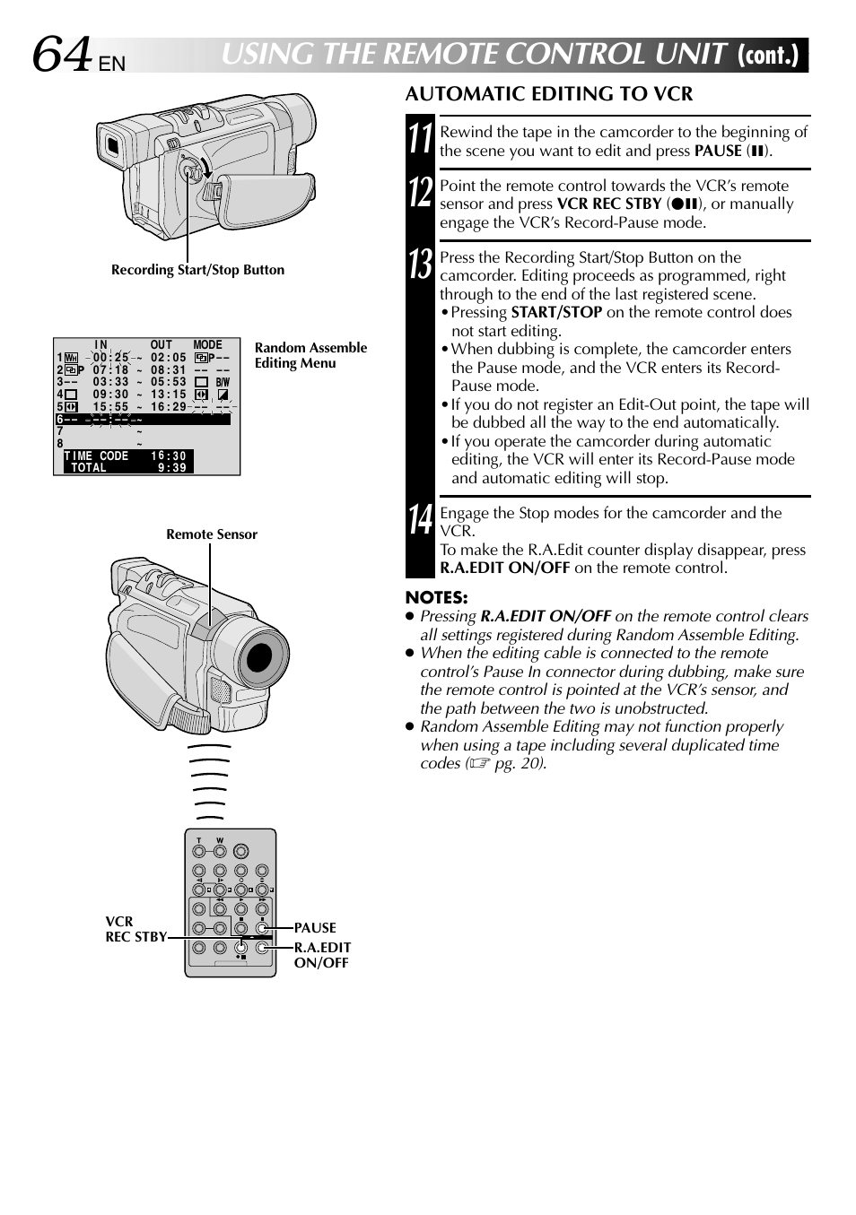 Using the remote control unit, Cont.) | JVC GR-DVL610SH User Manual | Page 64 / 92