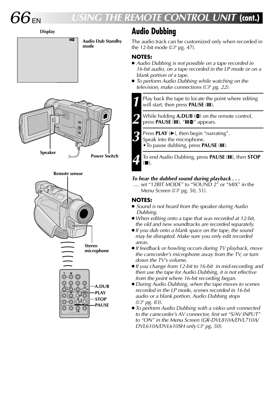 Using the remote control unit, Cont.), Audio dubbing | JVC GR-DVL610SH User Manual | Page 66 / 92