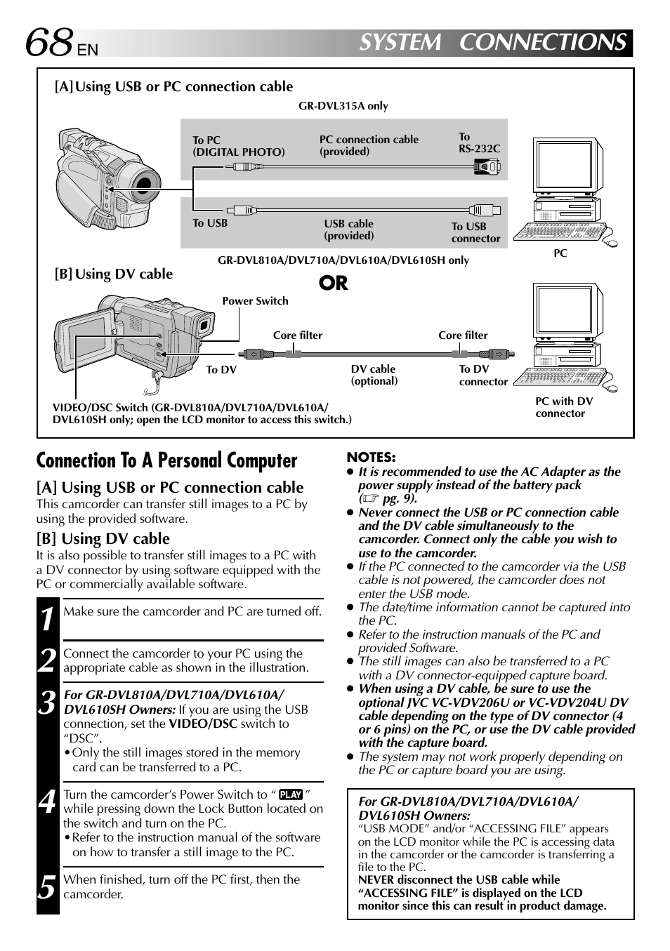 System connections, Connection to a personal computer | JVC GR-DVL610SH User Manual | Page 68 / 92