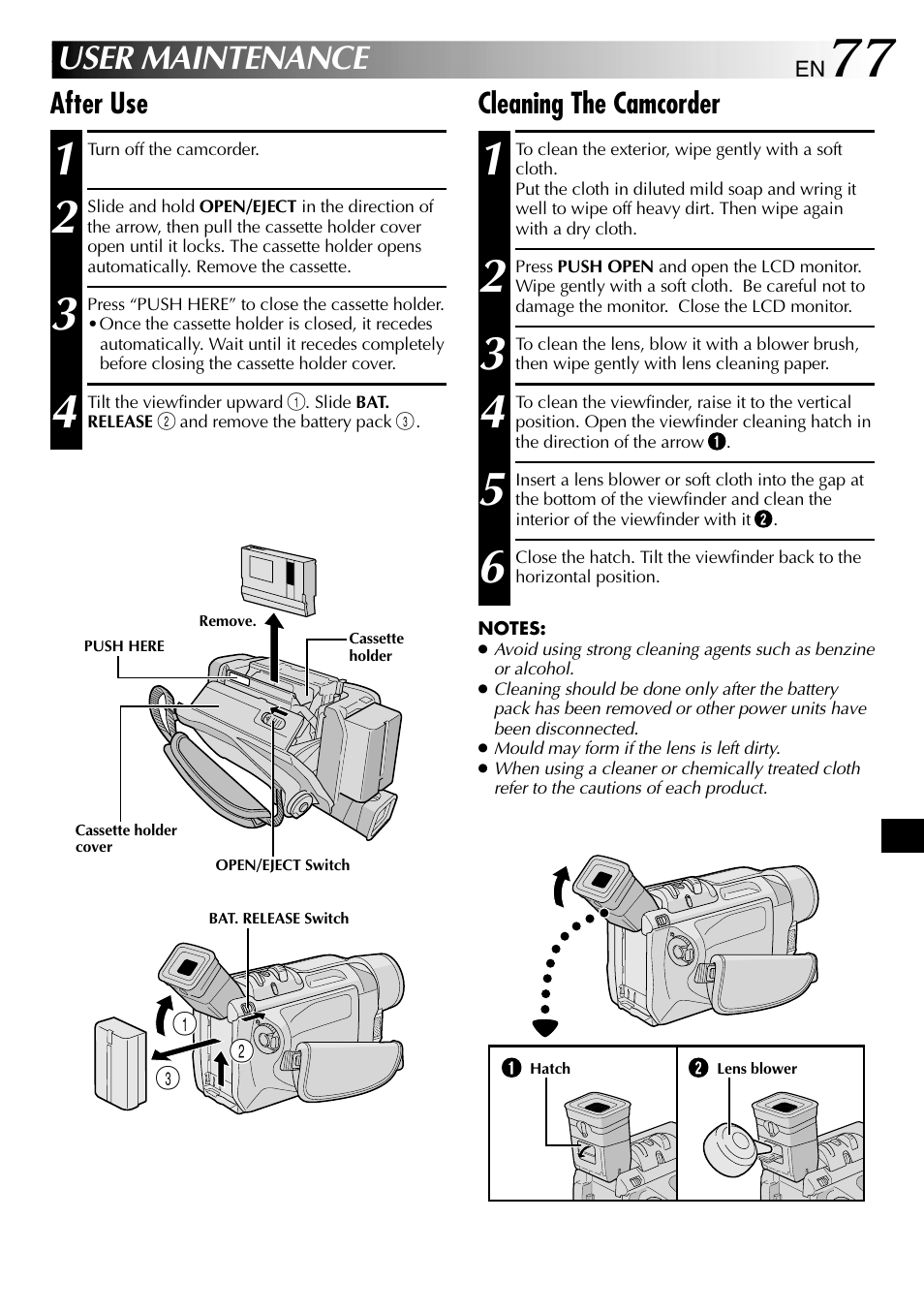 User maintenance, Cleaning the camcorder, After use | JVC GR-DVL610SH User Manual | Page 77 / 92