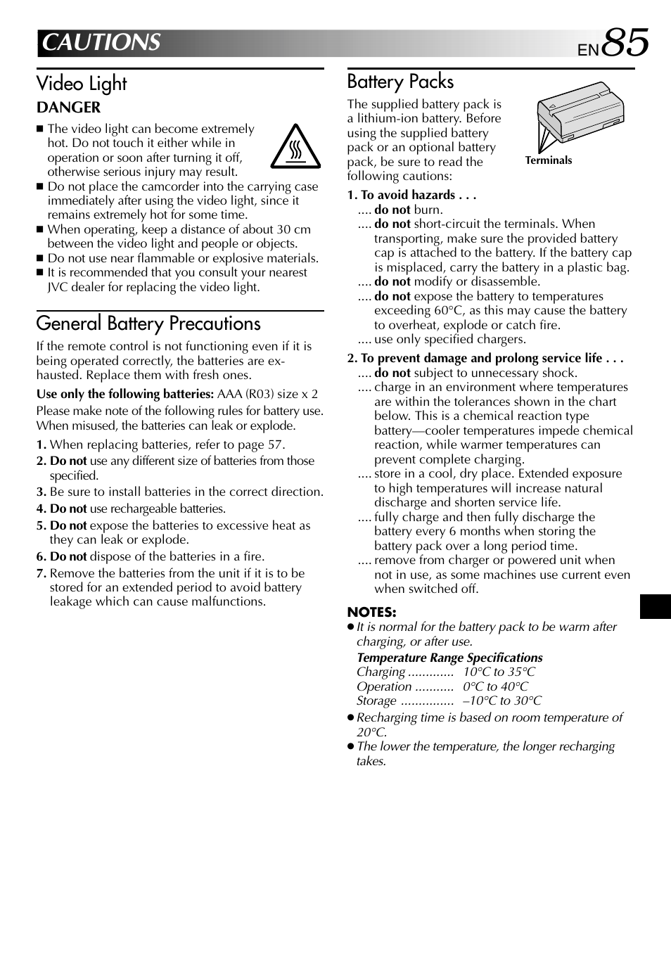 Cautions, Video light, General battery precautions | Battery packs | JVC GR-DVL610SH User Manual | Page 85 / 92