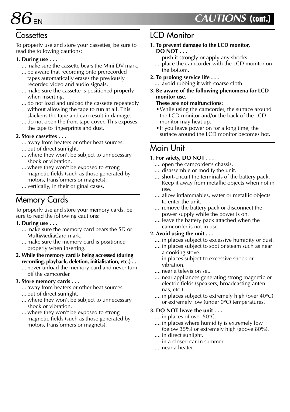 Cautions, Cont.), Cassettes | Lcd monitor, Main unit | JVC GR-DVL610SH User Manual | Page 86 / 92