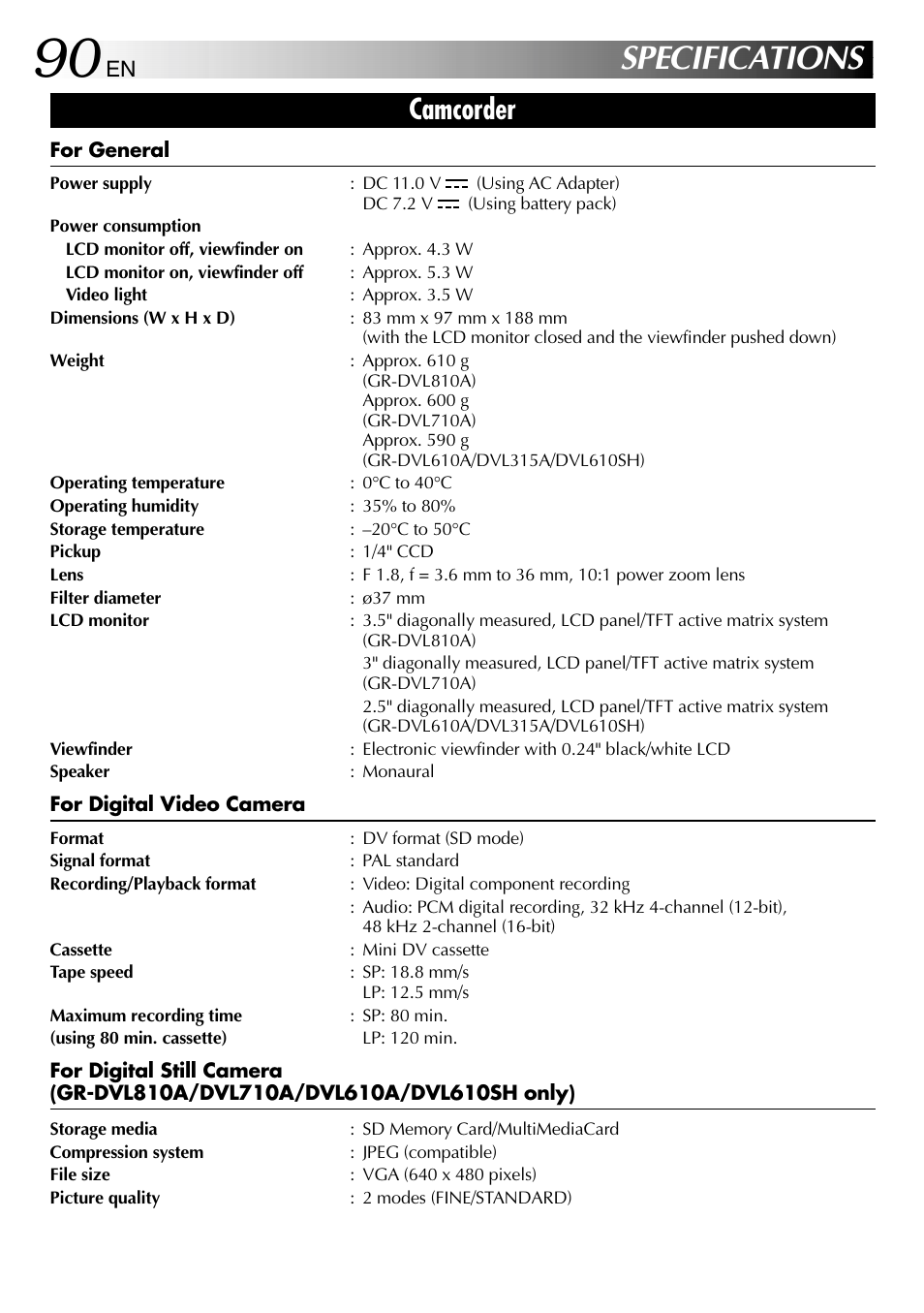 Specifications, Camcorder | JVC GR-DVL610SH User Manual | Page 90 / 92