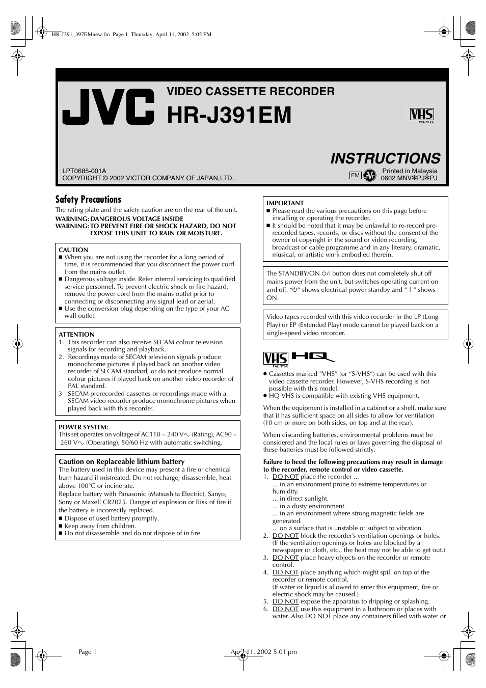 JVC HR-J391EM User Manual | 16 pages