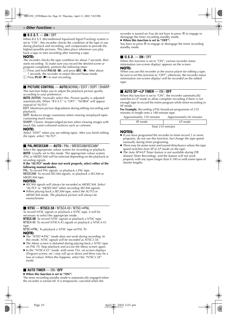 Other functions | JVC HR-J391EM User Manual | Page 10 / 16