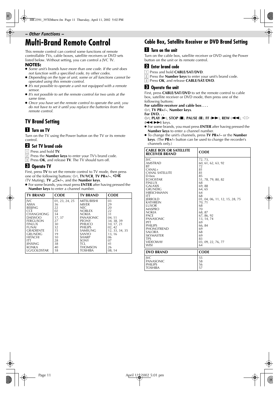 Multi-brand remote control, Tv brand setting a, Turn on tv | Set tv brand code, Operate tv, Turn on the unit, Enter brand code, Operate the unit, Other functions | JVC HR-J391EM User Manual | Page 11 / 16