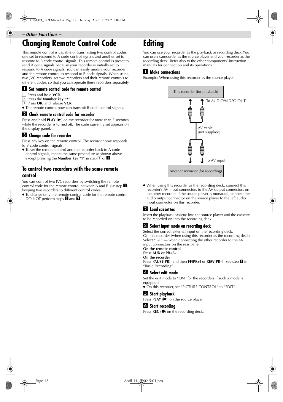 Changing remote control code, Editing | JVC HR-J391EM User Manual | Page 12 / 16