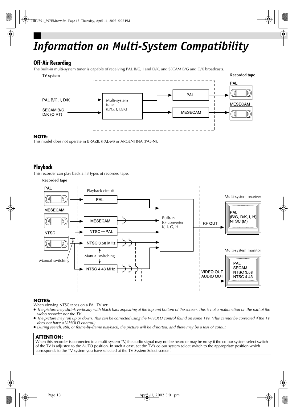 Information on multi-system compatibility, Off-air recording, Playback | JVC HR-J391EM User Manual | Page 13 / 16