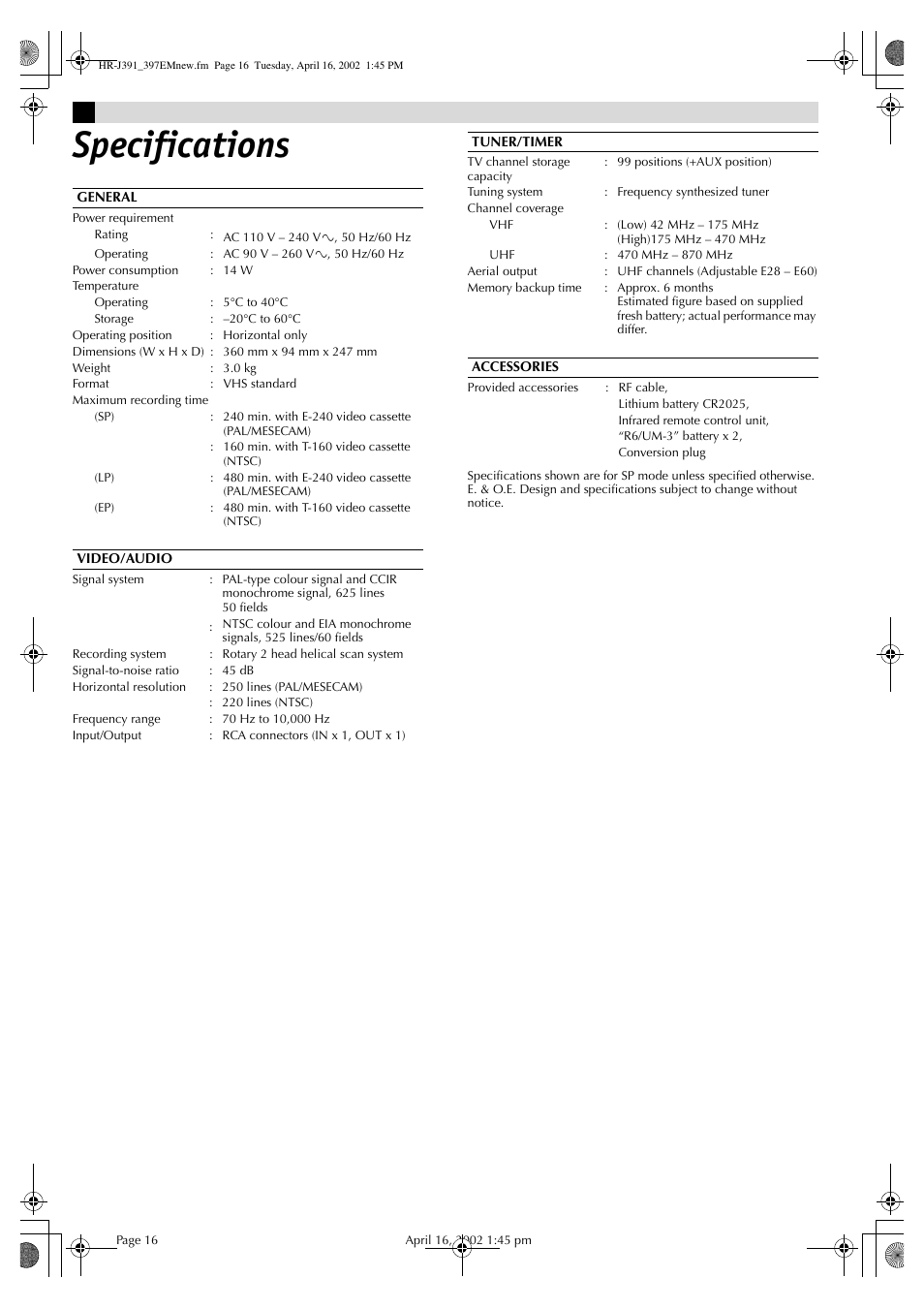 Specifications | JVC HR-J391EM User Manual | Page 16 / 16