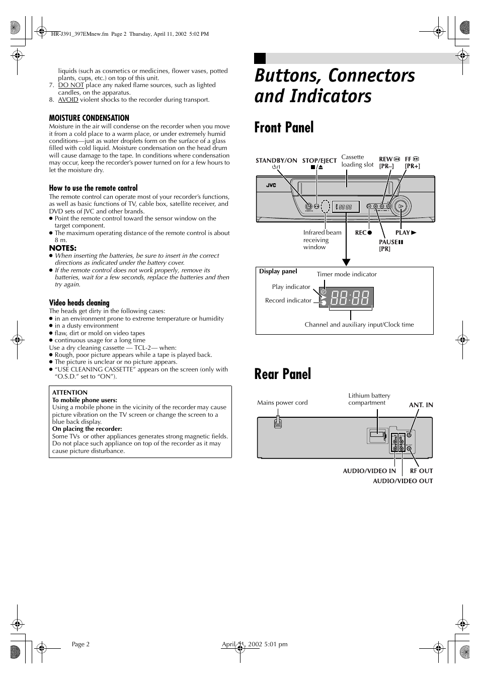 Buttons, connectors and indicators, Front panel, Rear panel | Front panel rear panel | JVC HR-J391EM User Manual | Page 2 / 16