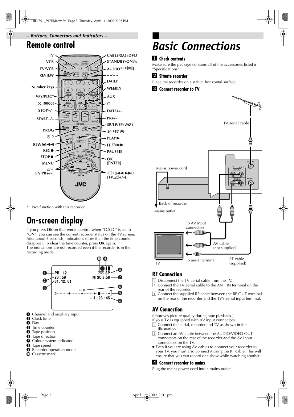 Remote control, Basic connections, On-screen display | Rf connection, Av connection | JVC HR-J391EM User Manual | Page 3 / 16