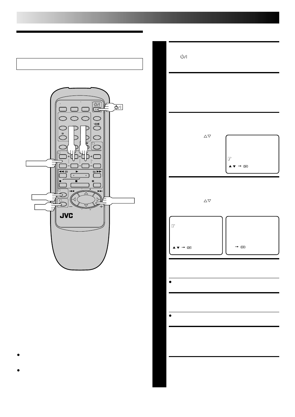 Clock set, Turn the recorder on, Access main menu screen | Access initial set screen, Access clock set screen, Set time, Set date, Set year, Start clock operation, Initial settings (cont.) | JVC HR-J347EM User Manual | Page 8 / 34