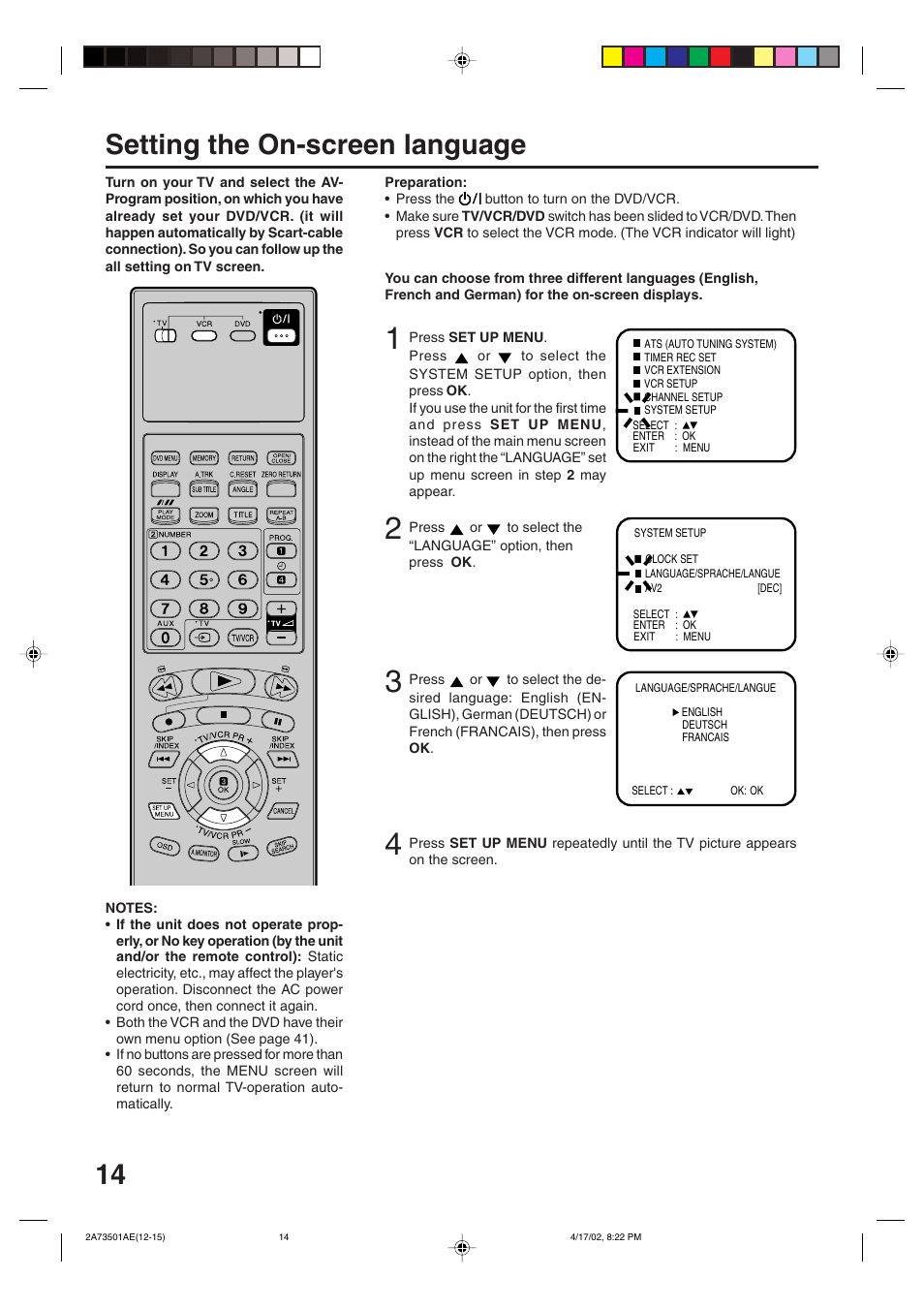 Setting the on-screen language | JVC HR-XV1EU User Manual | Page 14 / 64