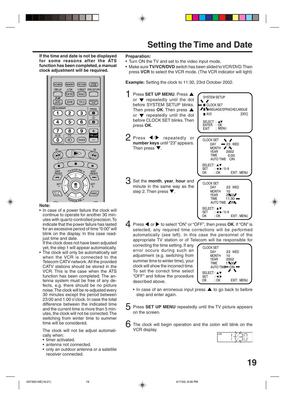 Setting the time and date | JVC HR-XV1EU User Manual | Page 19 / 64