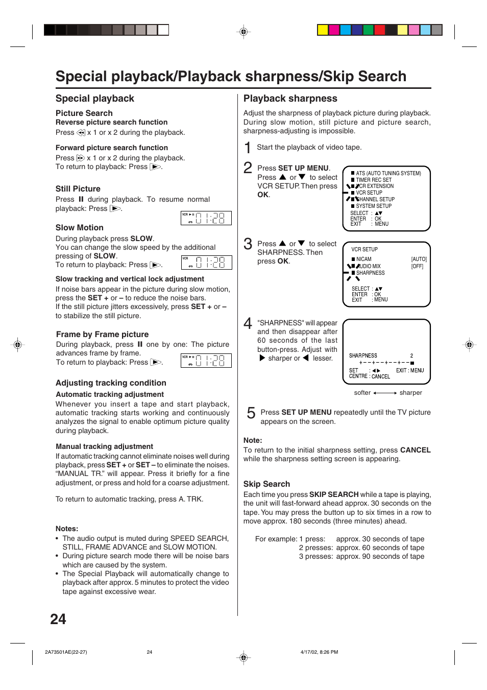 Special playback/playback sharpness/skip search, Playback sharpness, Special playback | JVC HR-XV1EU User Manual | Page 24 / 64
