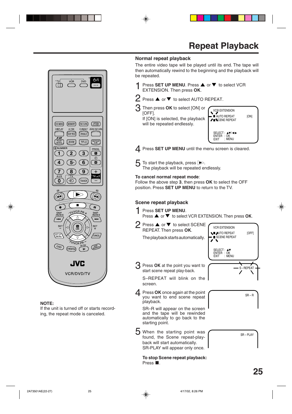 Repeat playback | JVC HR-XV1EU User Manual | Page 25 / 64