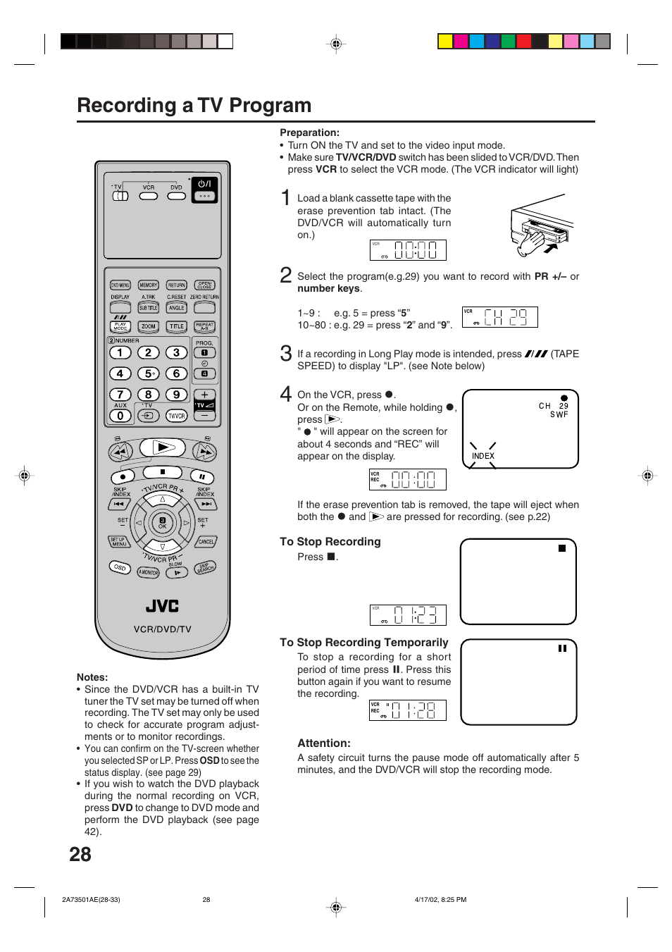 Recording a tv program | JVC HR-XV1EU User Manual | Page 28 / 64