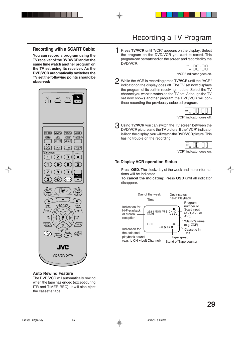 Recording a tv program, Recording with a scart cable | JVC HR-XV1EU User Manual | Page 29 / 64