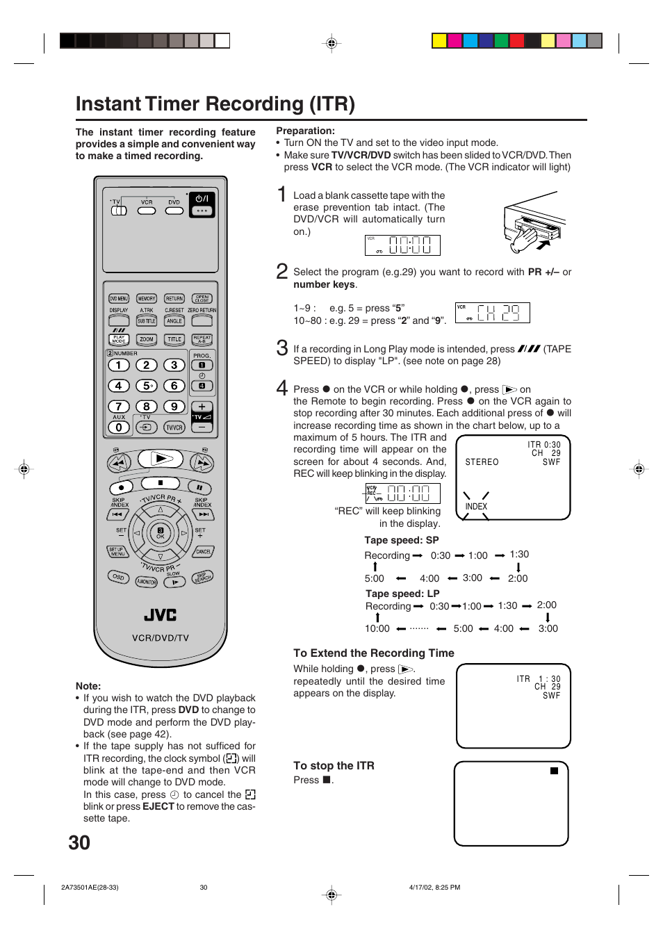 Instant timer recording (itr) | JVC HR-XV1EU User Manual | Page 30 / 64