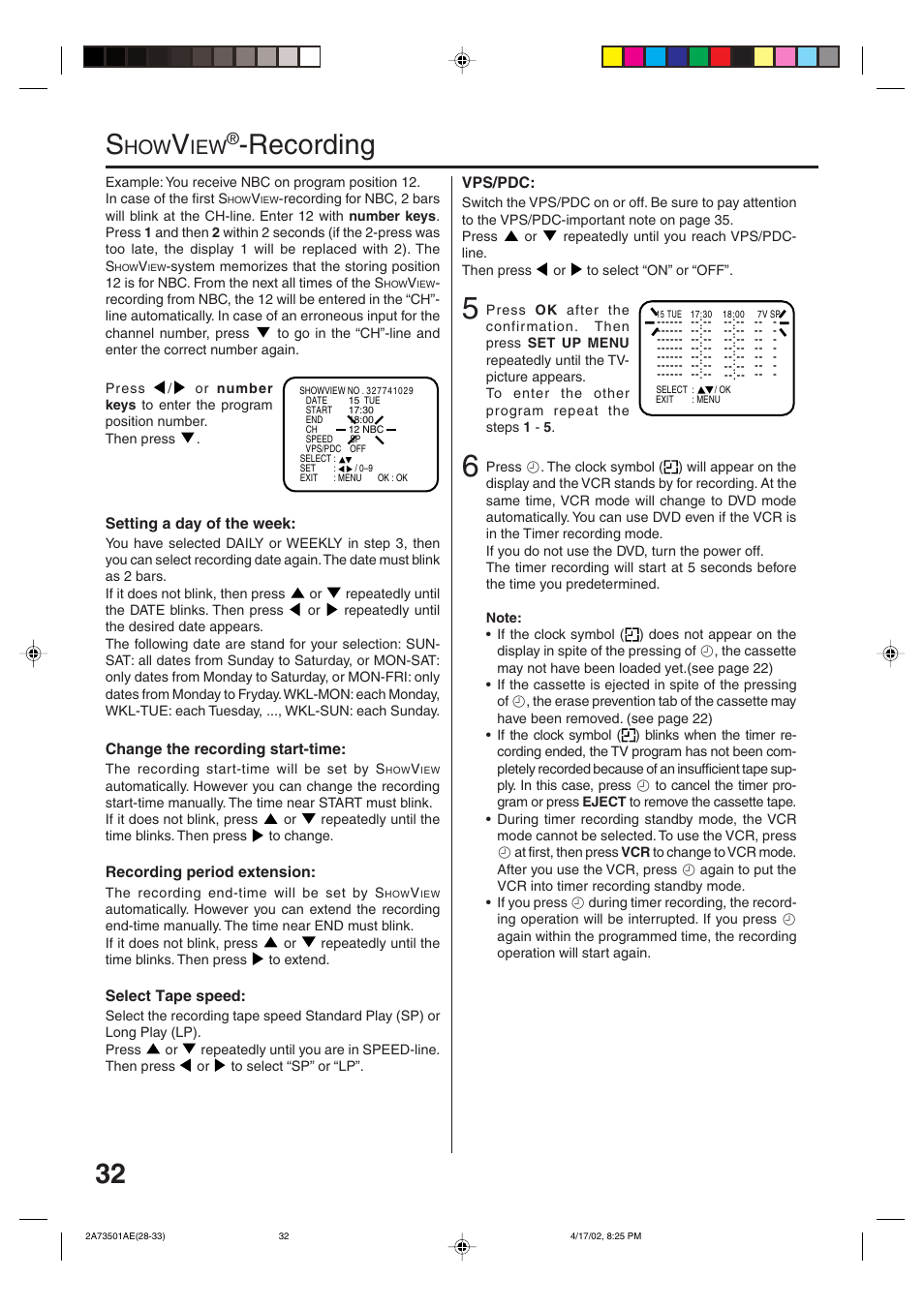 32 s, Recording | JVC HR-XV1EU User Manual | Page 32 / 64
