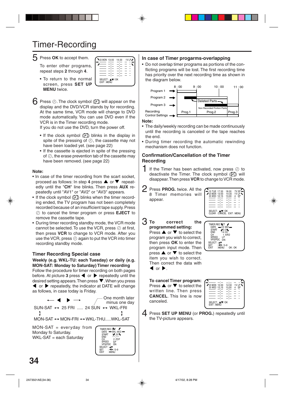 Timer-recording, Confirmation/cancellation of the timer recording, Timer recording special case | JVC HR-XV1EU User Manual | Page 34 / 64