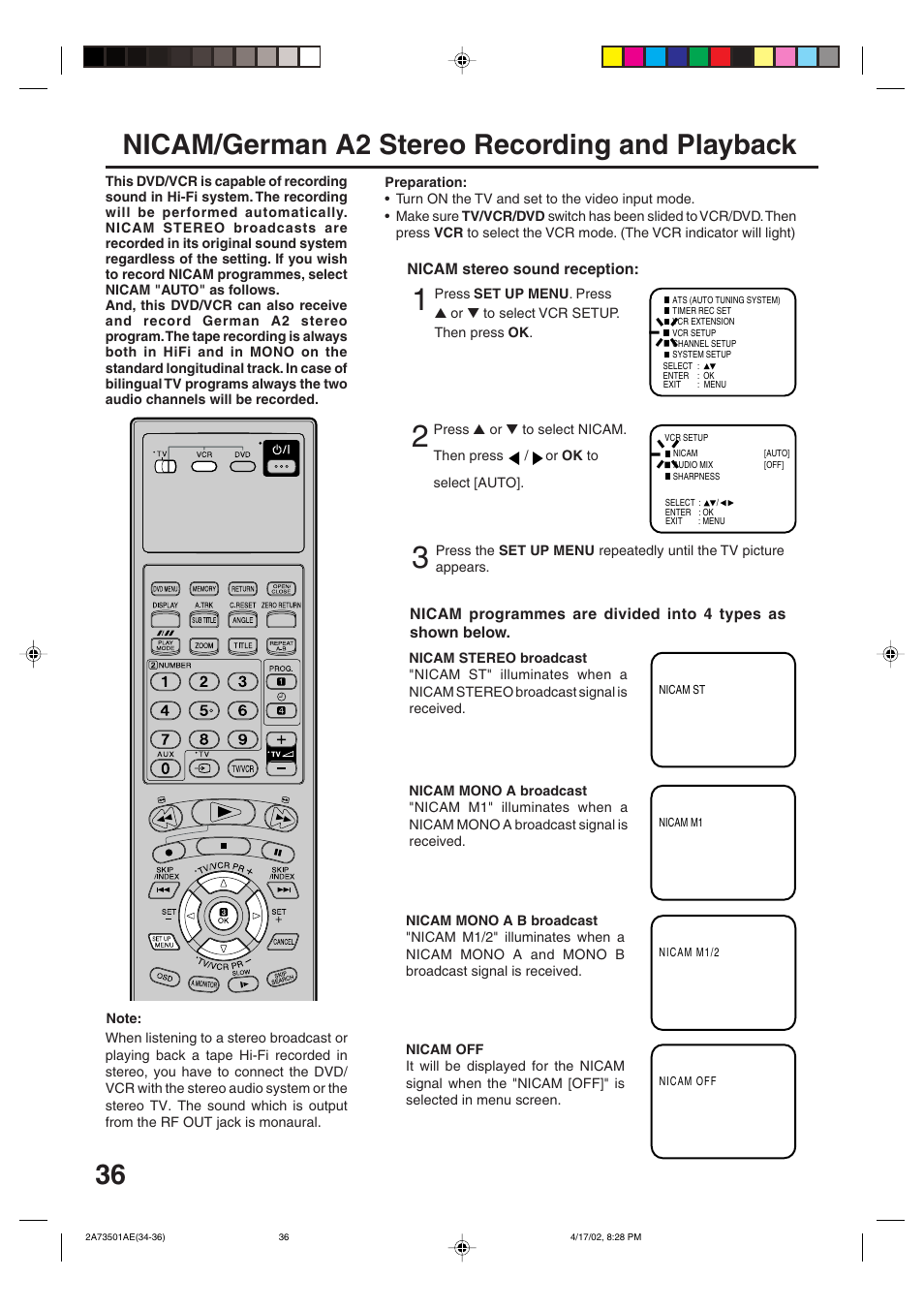 Nicam/german a2 stereo recording and playback | JVC HR-XV1EU User Manual | Page 36 / 64