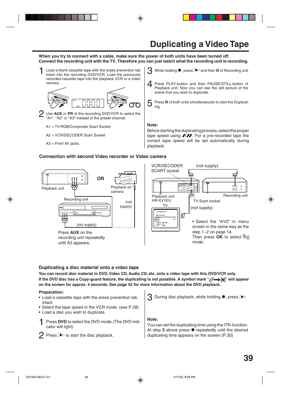 Duplicating a video tape | JVC HR-XV1EU User Manual | Page 39 / 64