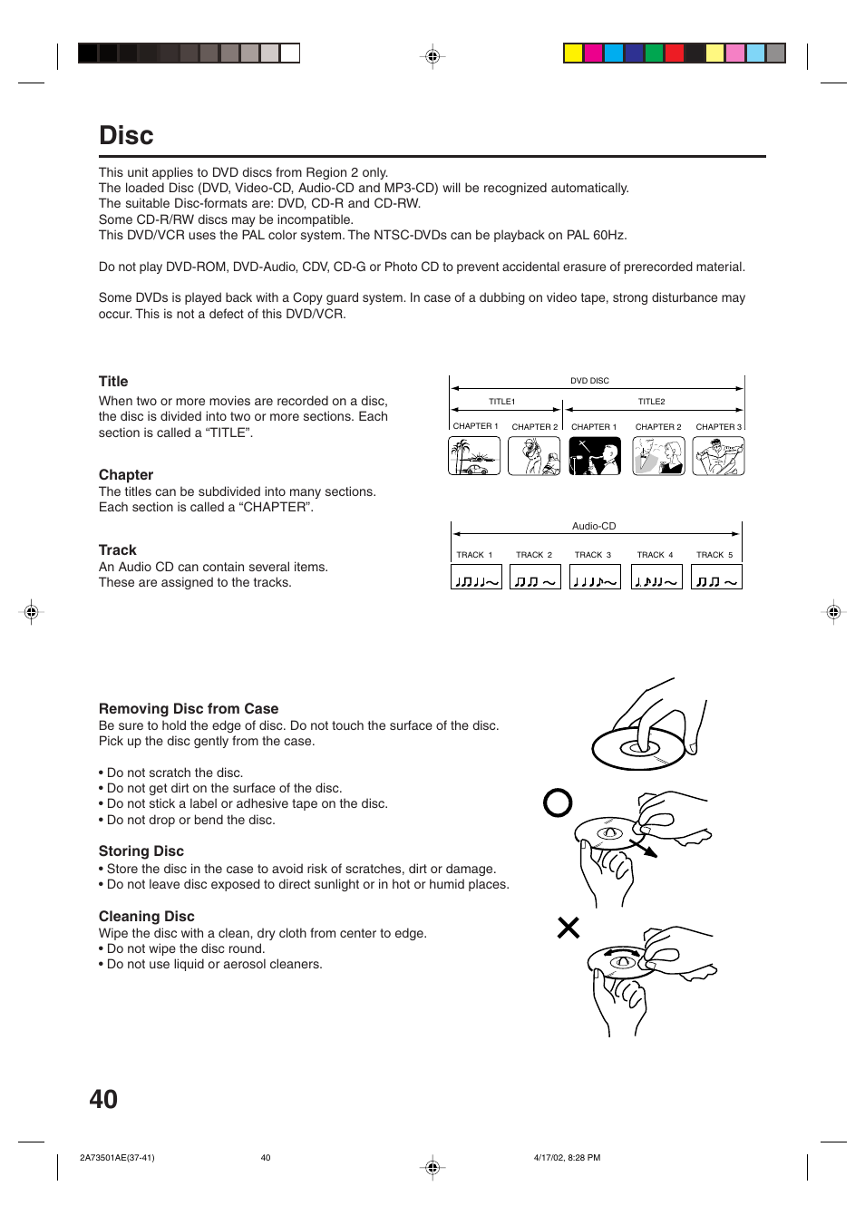 40 disc, Title, Chapter | Track, Removing disc from case, Storing disc, Cleaning disc | JVC HR-XV1EU User Manual | Page 40 / 64