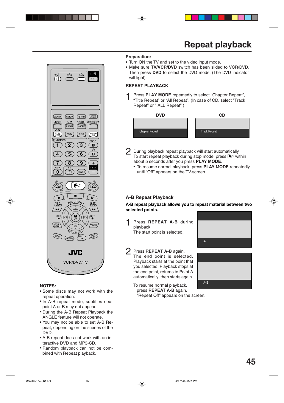 Repeat playback | JVC HR-XV1EU User Manual | Page 45 / 64