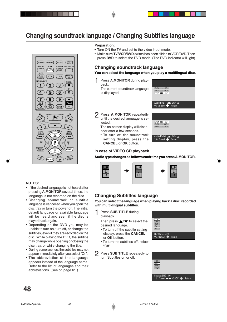 Changing soundtrack language, Changing subtitles language | JVC HR-XV1EU User Manual | Page 48 / 64