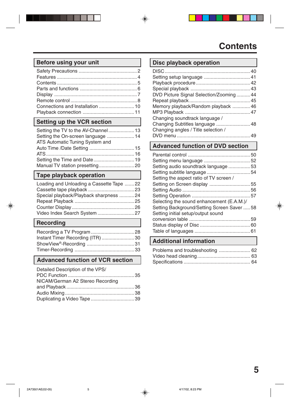 5contents | JVC HR-XV1EU User Manual | Page 5 / 64