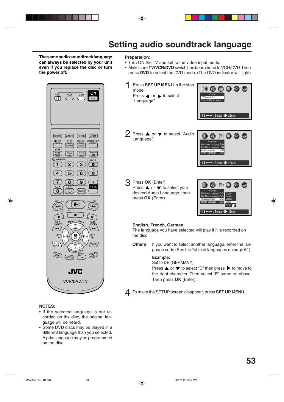 Setting audio soundtrack language | JVC HR-XV1EU User Manual | Page 53 / 64