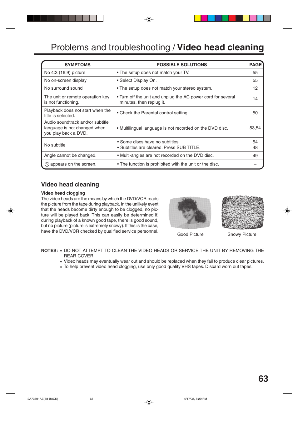 Problems and troubleshooting / video head cleaning, Video head cleaning | JVC HR-XV1EU User Manual | Page 63 / 64