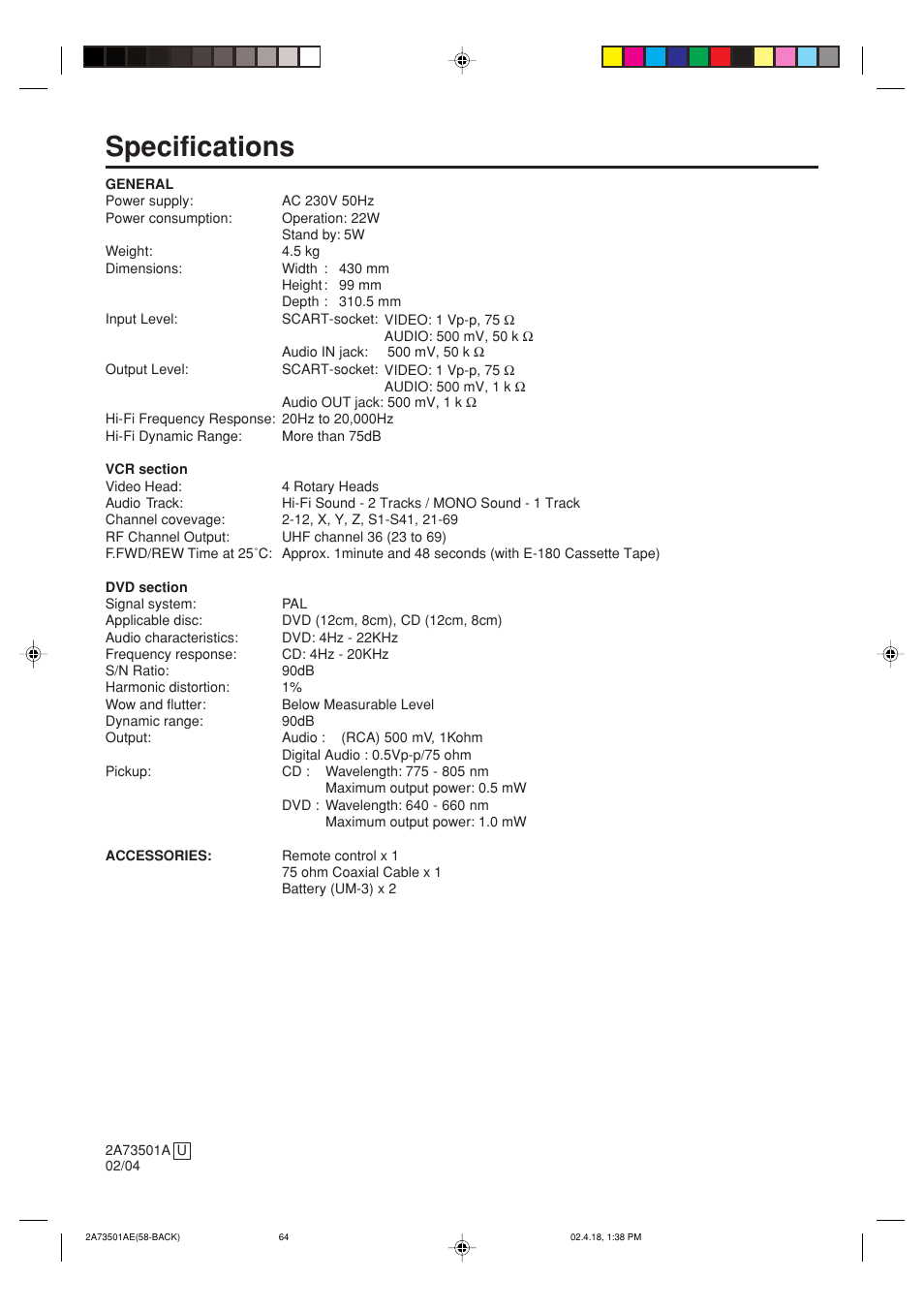 Specifications | JVC HR-XV1EU User Manual | Page 64 / 64