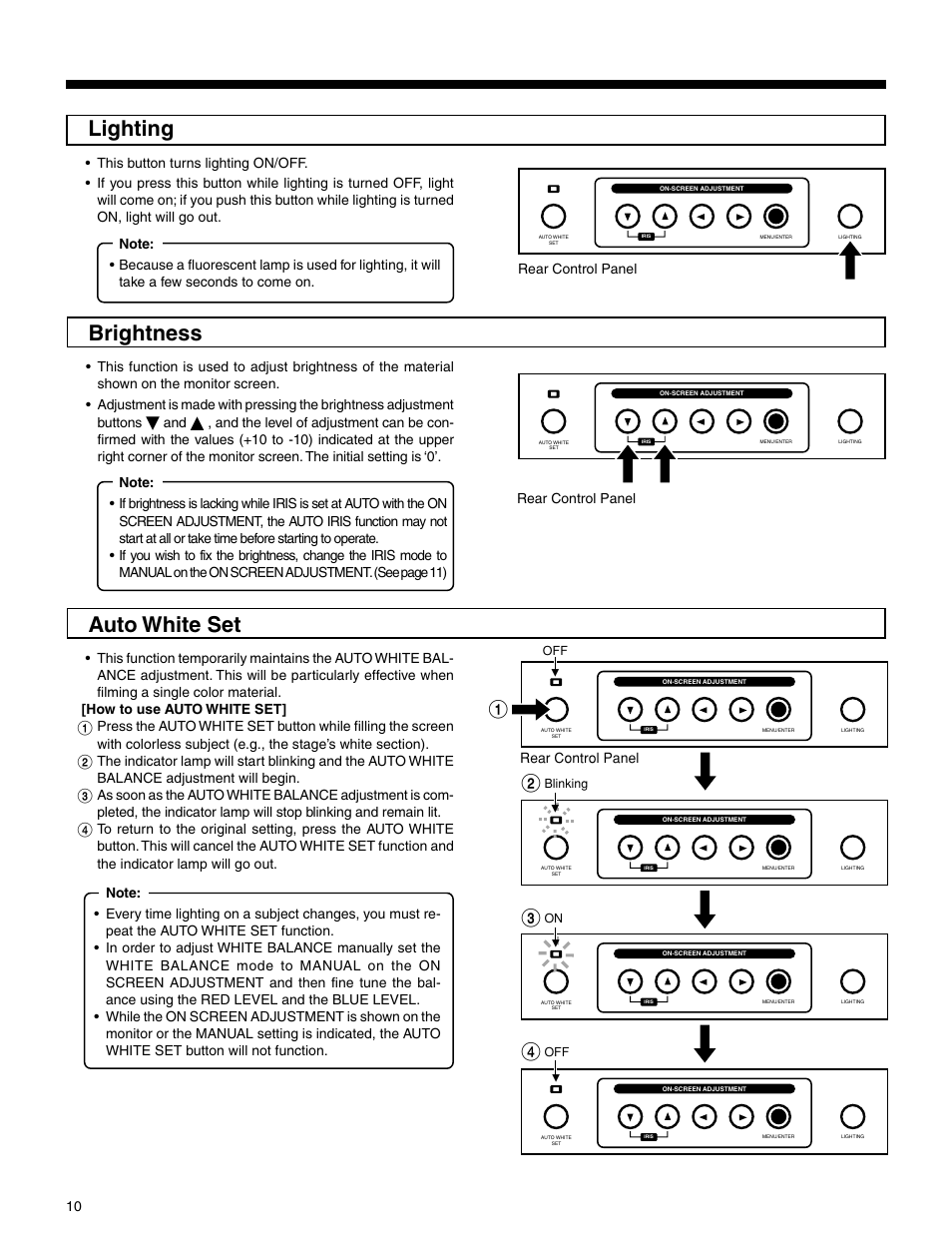 Brightness, Lighting, Auto white set | Rear control panel | JVC AV-P720U User Manual | Page 10 / 15