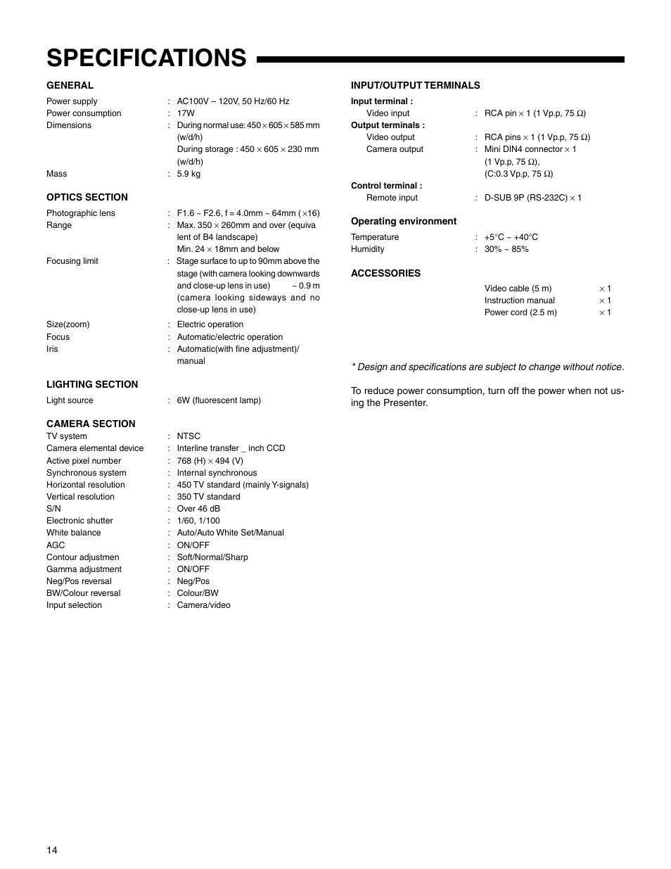 Specifications | JVC AV-P720U User Manual | Page 14 / 15