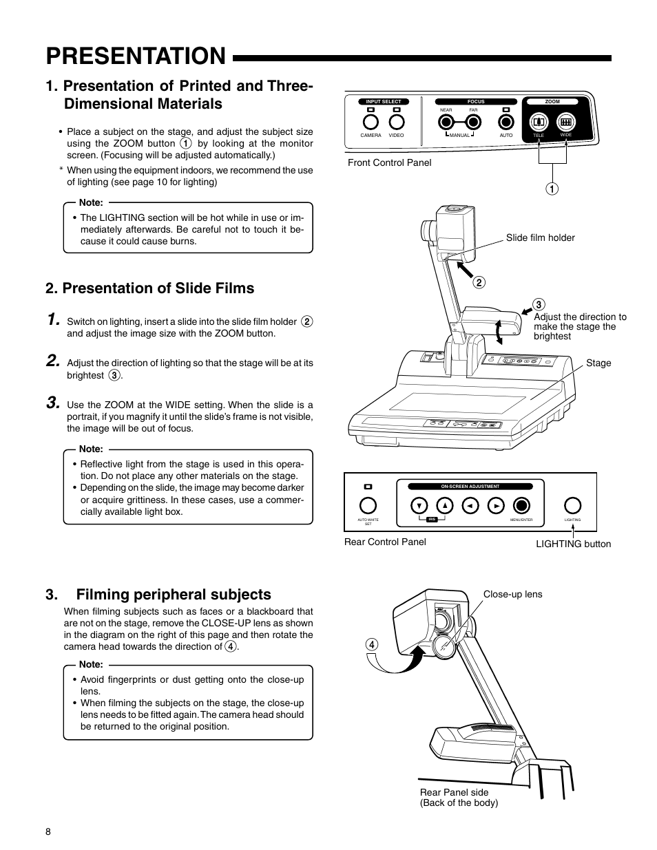 Presentation, Filming peripheral subjects, Presentation of slide films | JVC AV-P720U User Manual | Page 8 / 15