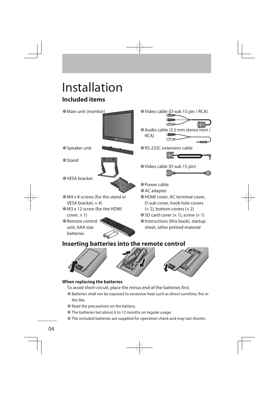 Installation, Included items, Inserting batteries into the remote control | JVC LT-32WX50EU User Manual | Page 11 / 78