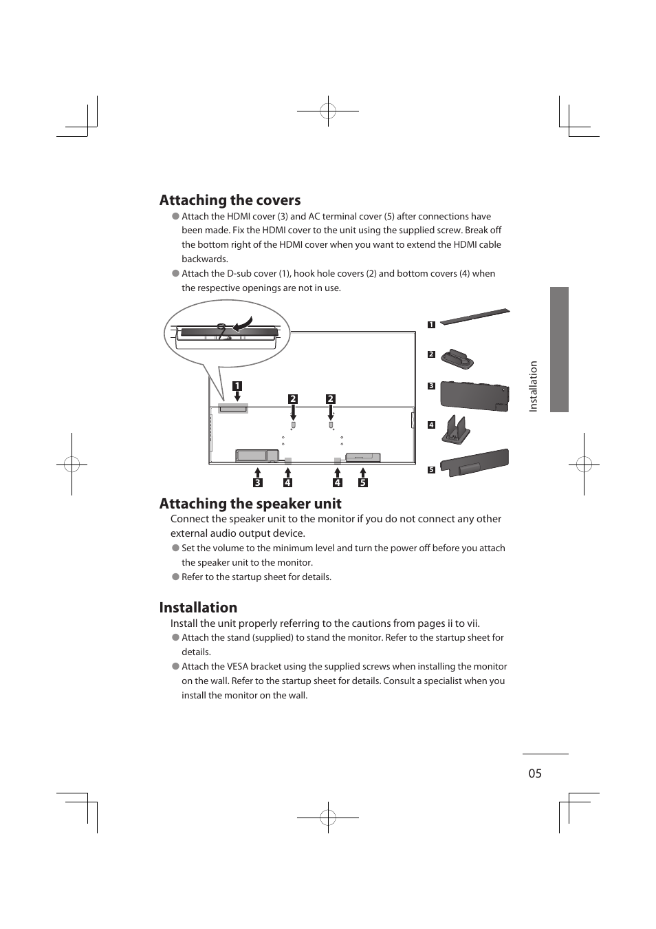 Attaching the covers, Attaching the speaker unit, Installation | JVC LT-32WX50EU User Manual | Page 12 / 78